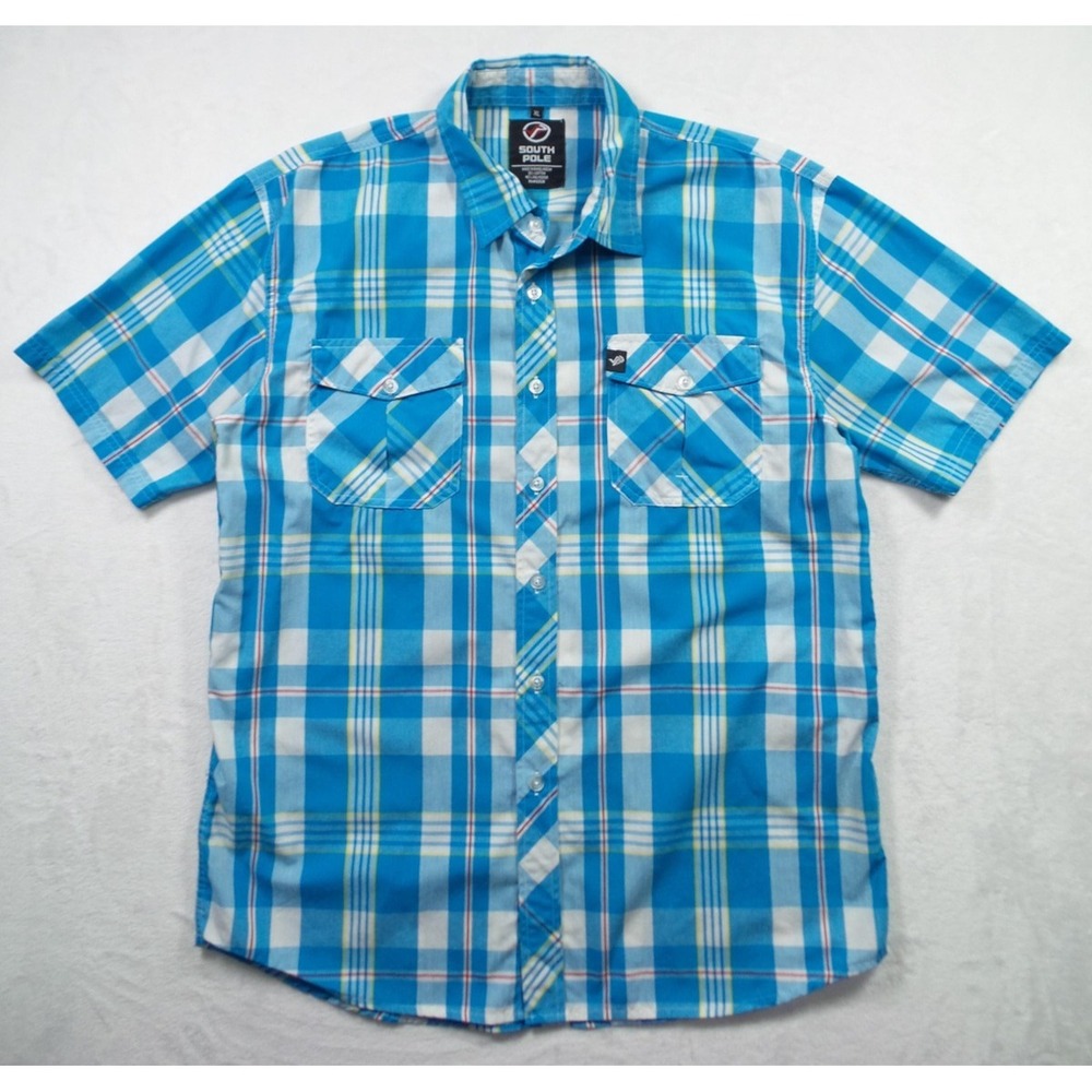South Pole Shirt‎ Mens XL Blue Plaid Short Sleeve Button Down Casual Pockets